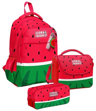 Coral High Üç Gözlü Kırmızı Yeşil Karpuz, Erkek Çocuk, İlkokul Üçlü Okul Çanta Seti
