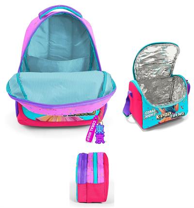 Coral High Üç Gözlü Pembe K-Pop Dondurmalı Kız, Kız Çocuk, İlkokul Üçlü Okul Çanta Seti