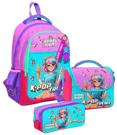 Coral High Üç Gözlü Pembe K-Pop Dondurmalı Kız, Kız Çocuk, İlkokul Üçlü Okul Çanta Seti
