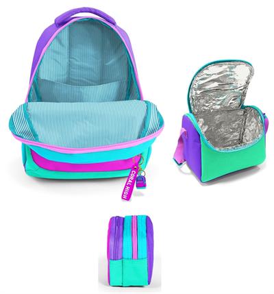 Coral High Üç Gözlü Pembe Yeşil Çok Renkli, Kız Çocuk, İlkokul Üçlü Okul Çanta Seti