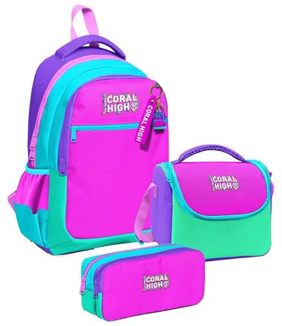 Coral High Üç Gözlü Pembe Yeşil Çok Renkli, Kız Çocuk, İlkokul Üçlü Okul Çanta Seti