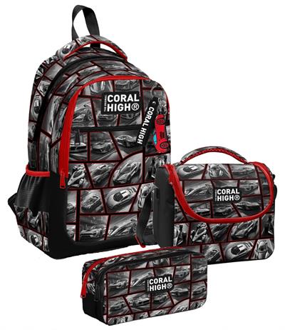 Coral High Üç Gözlü Siyah Kırmızı Araba, Erkek Çocuk, İlkokul Üçlü Okul Çanta Seti