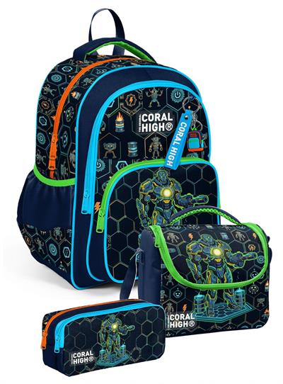 Coral High Üçlü Erkek Çocuk İlkokul Okul Çantası Seti (Lacivert Robot Baskılı) SETYGN33246A