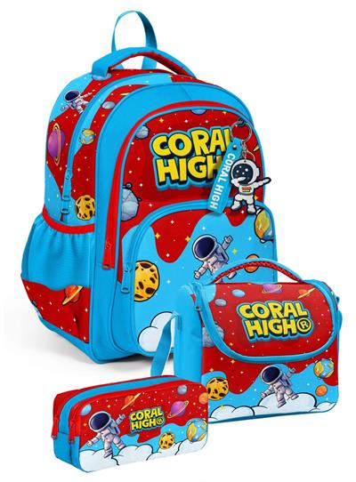 Coral High Üçlü Erkek Çocuk İlkokul Okul Çantası Seti (Kırmızı Mavi Astronot Baskılı) SETYGN33245A