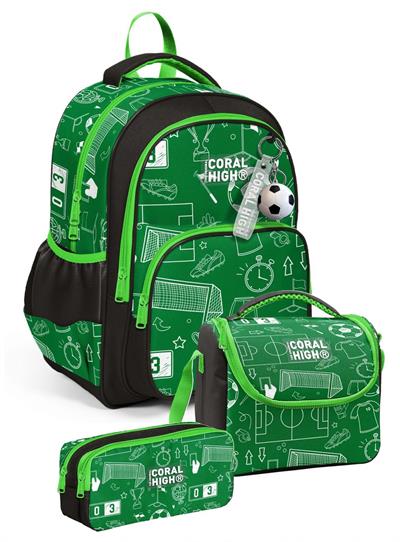 Coral High Üçlü Erkek Çocuk İlkokul Okul Çantası Seti (Yeşil Futbol Baskılı) SETYGN33247A
