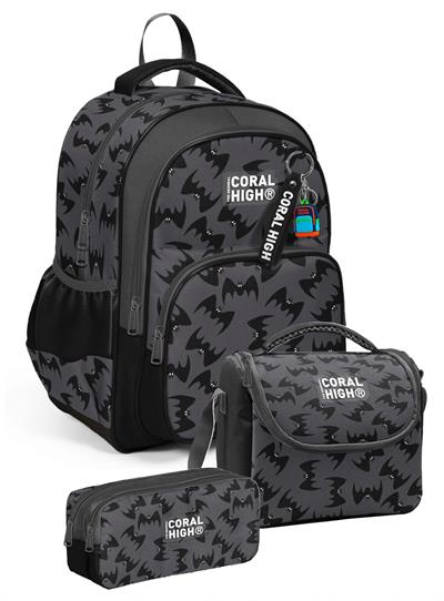 Coral High Üçlü Erkek Çocuk İlkokul Okul Çantası Seti (Siyah Yarasa Desenli) SETYGN33244A