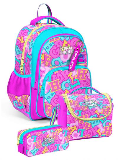 Coral High Üçlü Kız Çocuk İlkokul Okul Çantası Seti (Pembe Su Yeşili Harf Baskılı) SETYGN33241A