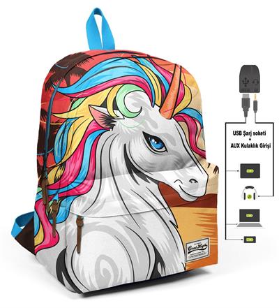 Coral High Unicorn Baskılı İlkokul ve Günlük Sırt Çantası USB AUX Soketli