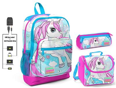 Coral High Unicorn Baskılı Kız Çocuk İlkokul Çanta Seti - USB Çıkışlı