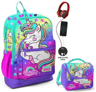 Coral High Unicorn Okul ve Beslenme Çantası Seti - Usb Soketli - Kız