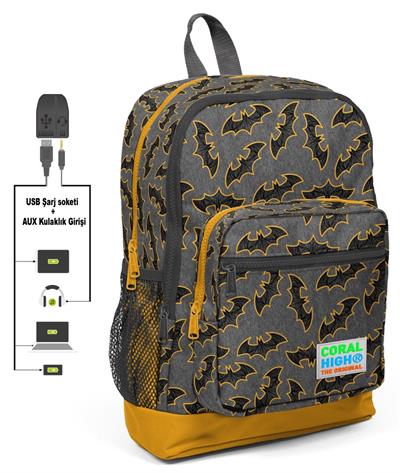 Coral High Yarasa Baskılı Okul Çantası ve Beslenme Çantası Seti - Erkek Çocuk - USB Soketli