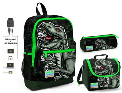 Coral High Yeşil Dinazor Baskılı Erkek Çocuk İlkokul Çanta Seti - USB Çıkışlı