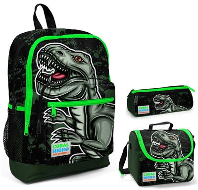 Coral High Yeşil Dinazor Baskılı Erkek Çocuk 3lü İlkokul Çanta Seti