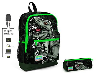 Coral High Yeşil Dinazor Baskılı İlkokul Sırt Çantası ve Kalemlik Seti - USB Soketli