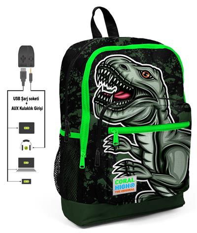Coral High Yeşil Dinazor Baskılı Okul Çantası ve Beslenme Çantası Seti - USB Soketli