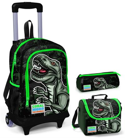 Coral High Yeşil Dinazor Çekçek Çanta Seti - Işıklı Tekerlekler - Erkek Çocuk