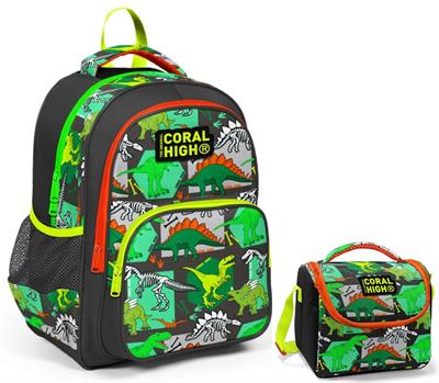 Coral High Yeşil Dinazor Erkek Çocuk İlkokul Çantası ve Beslenme Çantası Seti