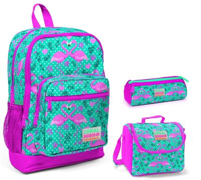 Coral High Yeşil Flamingo Baskılı Kız Çocuk 3lü İlkokul Çanta Seti