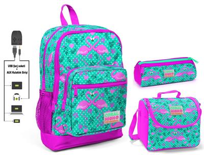 Coral High Yeşil Flamingo Baskılı Kız Çocuk İlkokul Çanta Seti - USB Çıkışlı