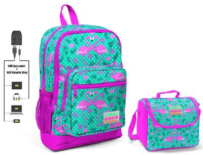 Coral High Yeşil Flamingo Baskılı Okul Çantası ve Beslenme Çantası Seti - USB Soketli - Kız Çocuk