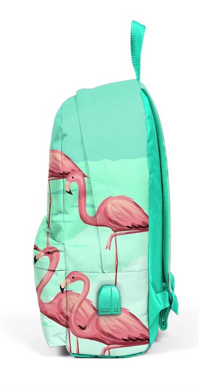 Coral High Yeşil Flamingo Desenli Sırt Çantası - Okul ve Günlük - USB+AUX Soketli