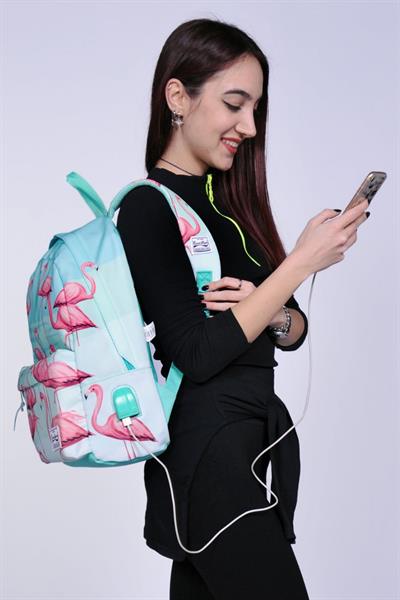 Coral High Yeşil Flamingo Desenli Sırt Çantası - Okul ve Günlük - USB+AUX Soketli