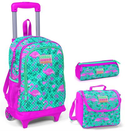 Coral High Yeşil Flamingo Kız Çocuk Çekçek Çanta Seti - Işıklı Tekerlekler