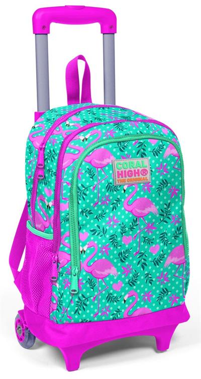 Coral High Yeşil Flamingo Kız Çocuk Çekçek Çanta Seti - Işıklı Tekerlekler