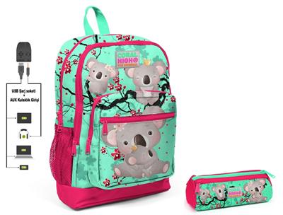 Coral High Yeşil Koala Baskılı İlkokul Sırt Çantası ve Kalemlik Seti - USB Soketli - Kız Çocuk