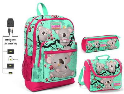 Coral High Yeşil Koala Baskılı Kız Çocuk İlkokul Çanta Seti - USB Çıkışlı