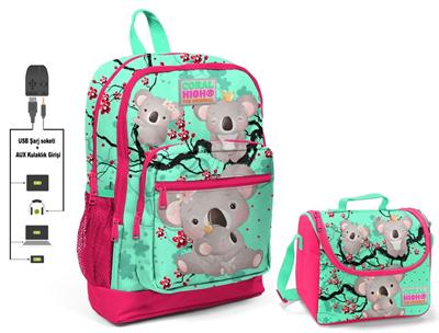 Coral High Yeşil Koala Baskılı Okul Çantası ve Beslenme Çantası Seti - USB Soketli - Kız Çocuk