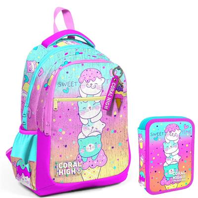 Coral High Yeşil Pembe Dondurma ve Kediler Kız Çocuk Okul Çantası ve Organizer Kalemlik Seti 23648+11139