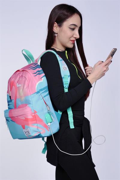 Coral High Yeşil Pembe Flamingo Desenli Sırt Çantası - Okul ve Günlük - USB+AUX Soketli