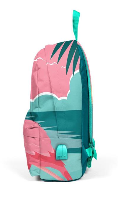 Coral High Yeşil Pembe Flamingo Desenli Sırt Çantası - Okul ve Günlük - USB+AUX Soketli