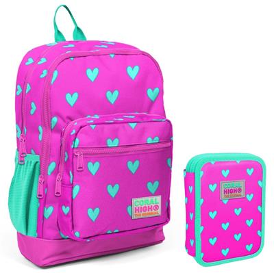 Coral High Yeşil Pembe Kalp Desenli Kız Çocuk Okul Çantası ve Organizer Kalemlik Seti 23113 11133