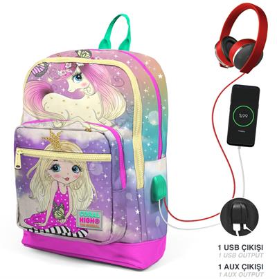 Coral High Yeşil Pembe Unicorn ve Prenses İlkokul ve Günlük Sırt Çantası - Kız Çocuk - USB Soketli