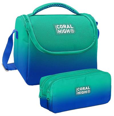 Coral High Yeşil Saks Renk Geçişli Desenli Erkek Çocuk Isı Yalıtımlı Beslenme Çantası ve Kalemlik Seti