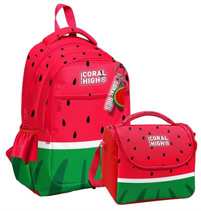Coral HighErkek Çocuklar İçin Üç Gözlü Kırmızı Yeşil Karpuz Okul Sırt Çantası ve Termal Beslenme Çantası