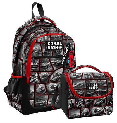 Coral HighErkek Çocuklar İçin Üç Gözlü Siyah Kırmızı Araba Okul Sırt Çantası ve Termal Beslenme Çantası