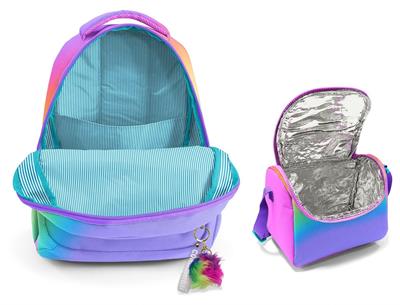 Coral HighKız Çocuklar İçin Üç Gözlü Çok Renkli Renk Geçişli Gradyan Okul Sırt Çantası ve Termal Beslenme Çantası