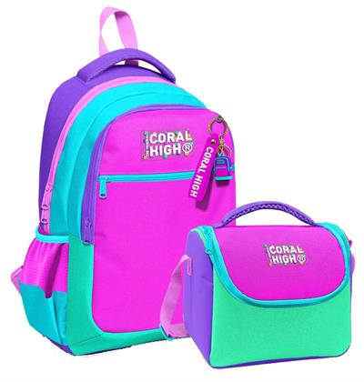 Coral HighKız Çocuklar İçin Üç Gözlü Pembe Yeşil Çok Renkli Okul Sırt Çantası ve Termal Beslenme Çantası