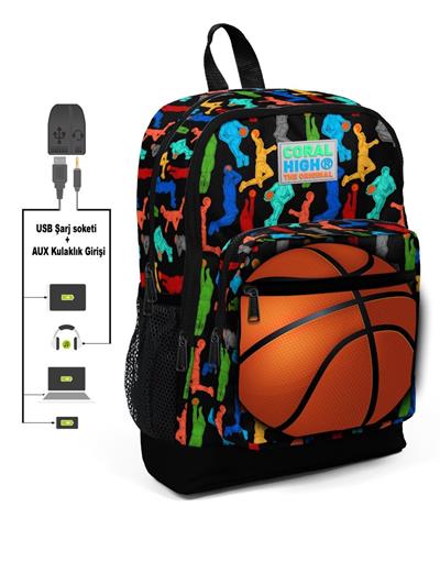 Dört Gözlü Erkek Çocuk İlkokul Çantası - Basketbolcu- USB+AUX Soketli