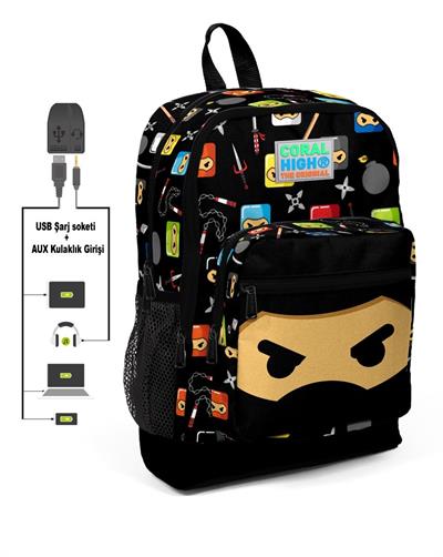 Dört Gözlü Erkek Çocuk İlkokul Çantası - Ninja Baskılı - USB+AUX Soketli