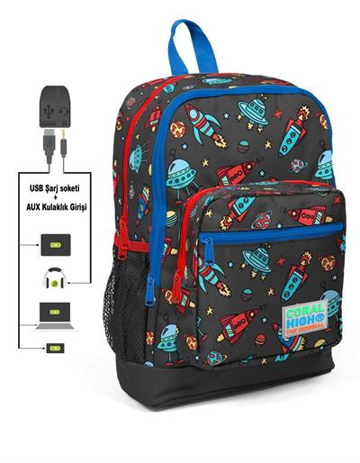 Dört Gözlü Erkek Çocuk İlkokul Çantası - Gezegen ve Uzay Desenli - USB+AUX Soketli