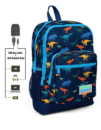 Dört Gözlü Erkek Çocuk İlkokul Çantası - Dinazor Desenli - USB+AUX Soketli
