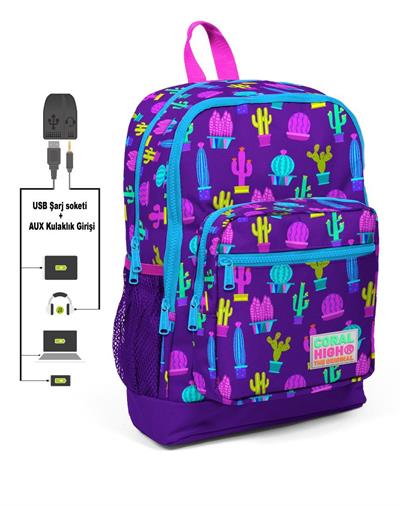 Dört Gözlü Kız Çocuk İlkokul Çantası - Kaktüs Desenli - USB+AUX Soketli
