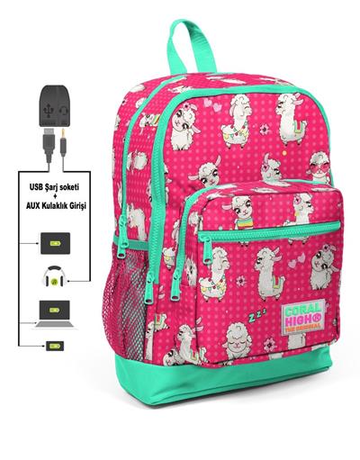 Dört Gözlü Kız Çocuk İlkokul Çantası - Lama Desenli - USB+AUX Soketli