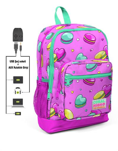 Dört Gözlü Kız Çocuk İlkokul Çantası - Makaron Basklı - USB+AUX Soketli