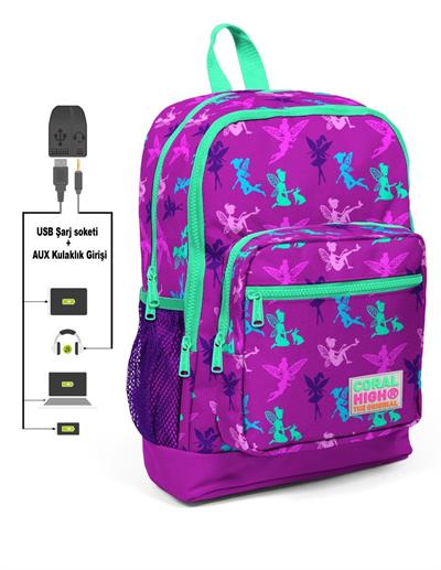 Dört Gözlü Kız Çocuk İlkokul Çantası - Peri Baskılı - USB+AUX Soketli