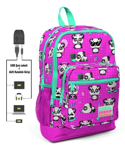 Dört Gözlü Kız Çocuk İlkokul Çantası - Panda Desenli - USB+AUX Soketli